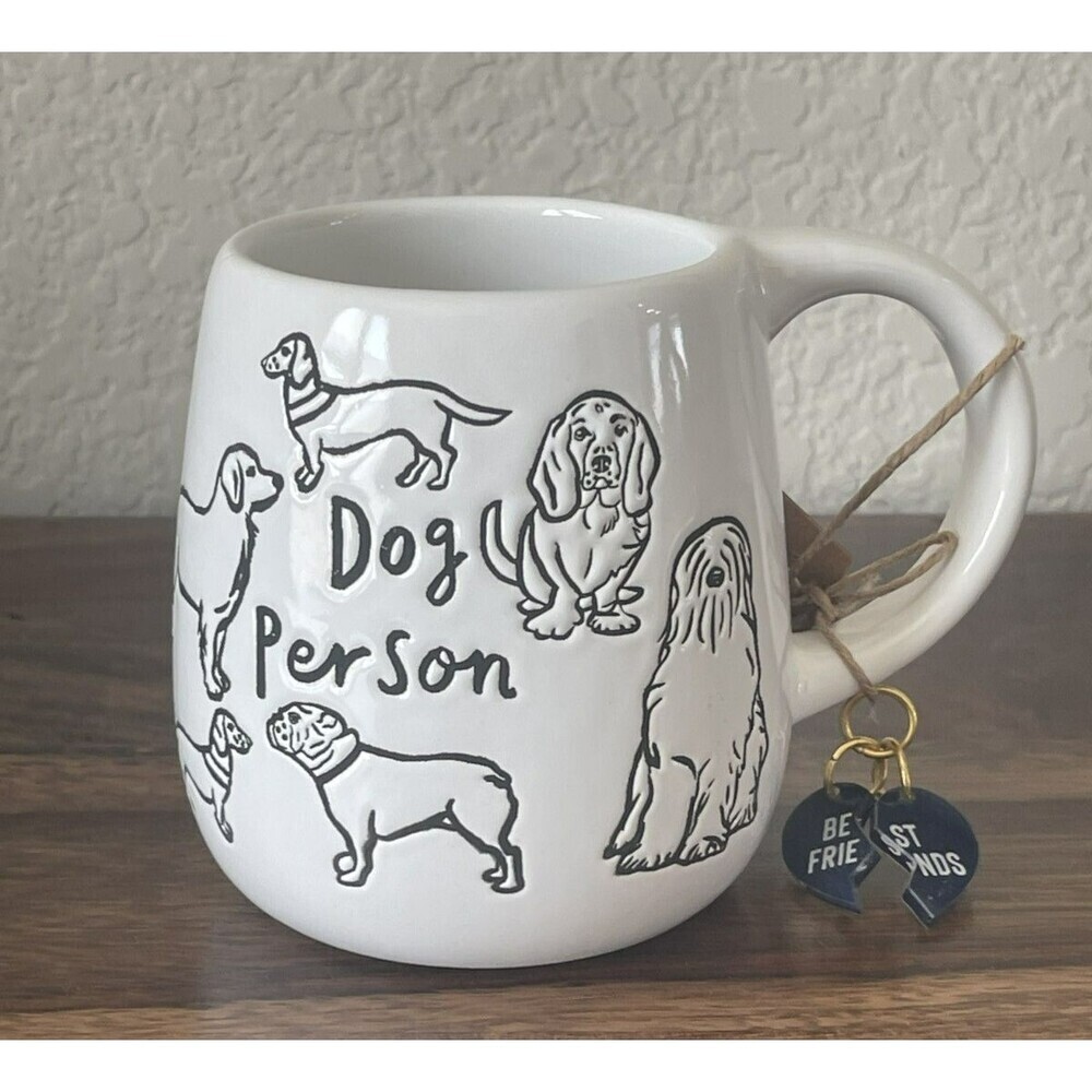 NEW! DOG PERSON DOODLE ART MUD PIE BRAND COFFEE MUG - INCLUDES A COLLAR CHARM